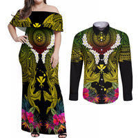 Hawaii Kanaka Maoli Couples Matching Off Shoulder Maxi Dress and Long Sleeve Button Shirt Double Shark and Hibiscus Flowers LT03 Black - Polynesian Pride
