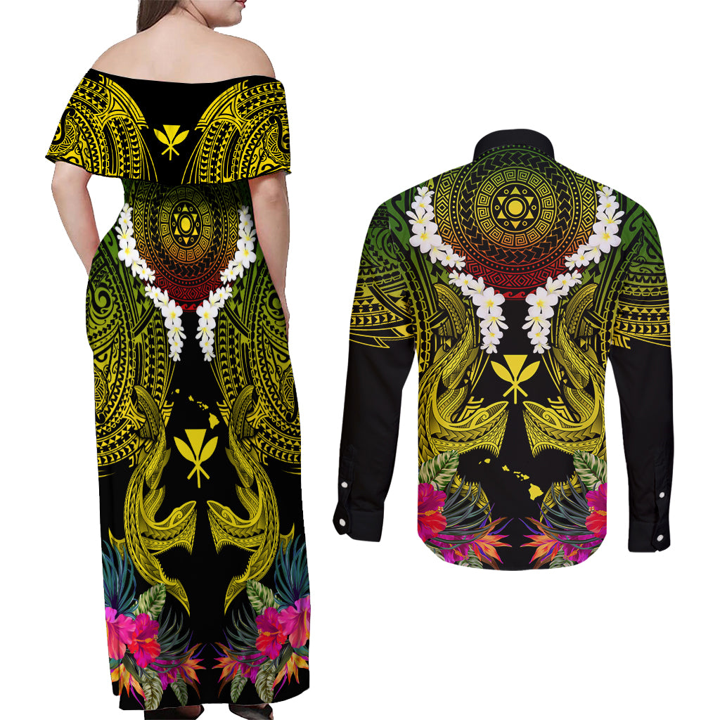Hawaii Kanaka Maoli Couples Matching Off Shoulder Maxi Dress and Long Sleeve Button Shirt Double Shark and Hibiscus Flowers LT03 - Polynesian Pride