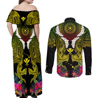 Hawaii Kanaka Maoli Couples Matching Off Shoulder Maxi Dress and Long Sleeve Button Shirt Double Shark and Hibiscus Flowers LT03 - Polynesian Pride