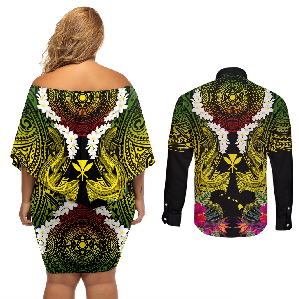 Hawaii Kanaka Maoli Couples Matching Off Shoulder Short Dress and Long Sleeve Button Shirt Double Shark and Hibiscus Flowers LT03 - Polynesian Pride