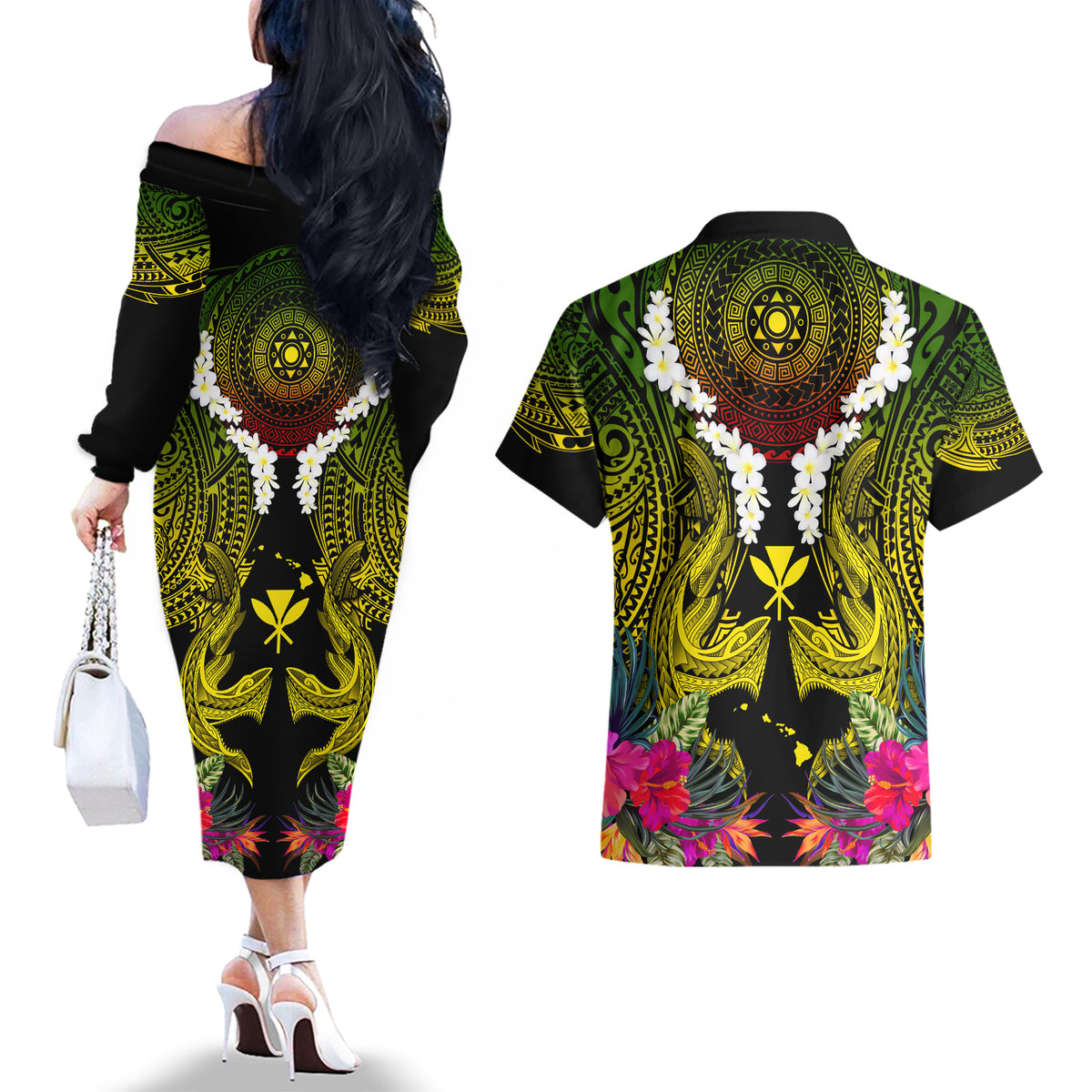 Hawaii Kanaka Maoli Couples Matching Off The Shoulder Long Sleeve Dress and Hawaiian Shirt Double Shark and Hibiscus Flowers LT03 - Polynesian Pride