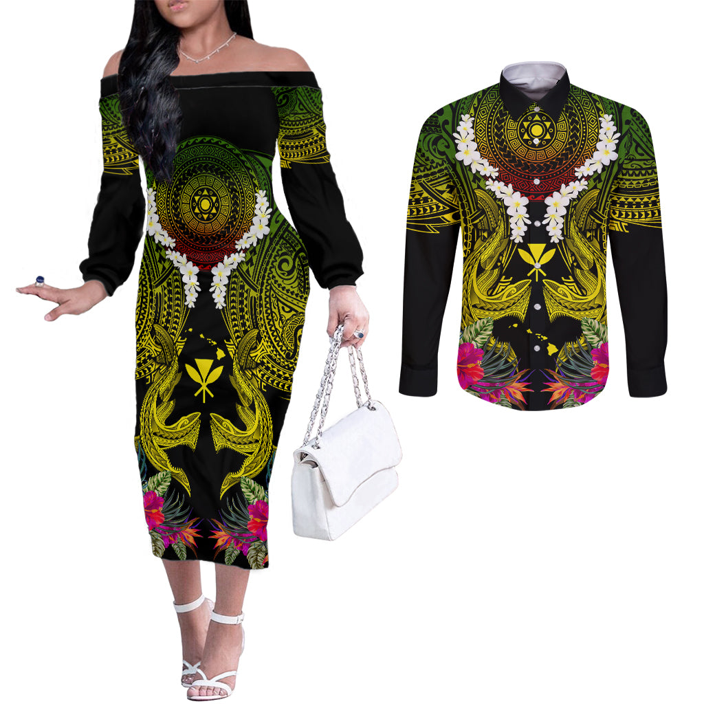 Hawaii Kanaka Maoli Couples Matching Off The Shoulder Long Sleeve Dress and Long Sleeve Button Shirt Double Shark and Hibiscus Flowers