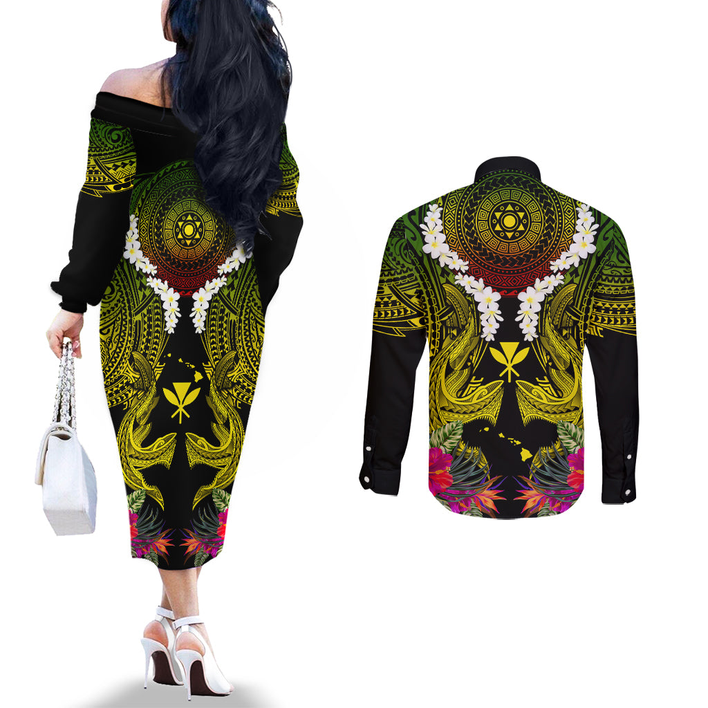 Hawaii Kanaka Maoli Couples Matching Off The Shoulder Long Sleeve Dress and Long Sleeve Button Shirt Double Shark and Hibiscus Flowers LT03 - Polynesian Pride