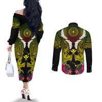 Hawaii Kanaka Maoli Couples Matching Off The Shoulder Long Sleeve Dress and Long Sleeve Button Shirt Double Shark and Hibiscus Flowers LT03 - Polynesian Pride