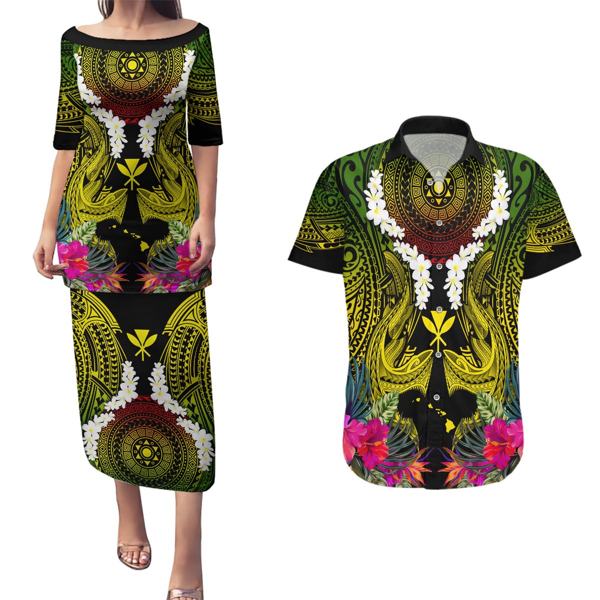 Hawaii Kanaka Maoli Couples Matching Puletasi and Hawaiian Shirt Double Shark and Hibiscus Flowers