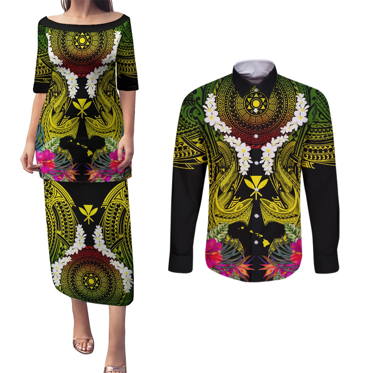 Hawaii Kanaka Maoli Couples Matching Puletasi and Long Sleeve Button Shirt Double Shark and Hibiscus Flowers
