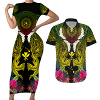 Hawaii Kanaka Maoli Couples Matching Short Sleeve Bodycon Dress and Hawaiian Shirt Double Shark and Hibiscus Flowers LT03 Black - Polynesian Pride