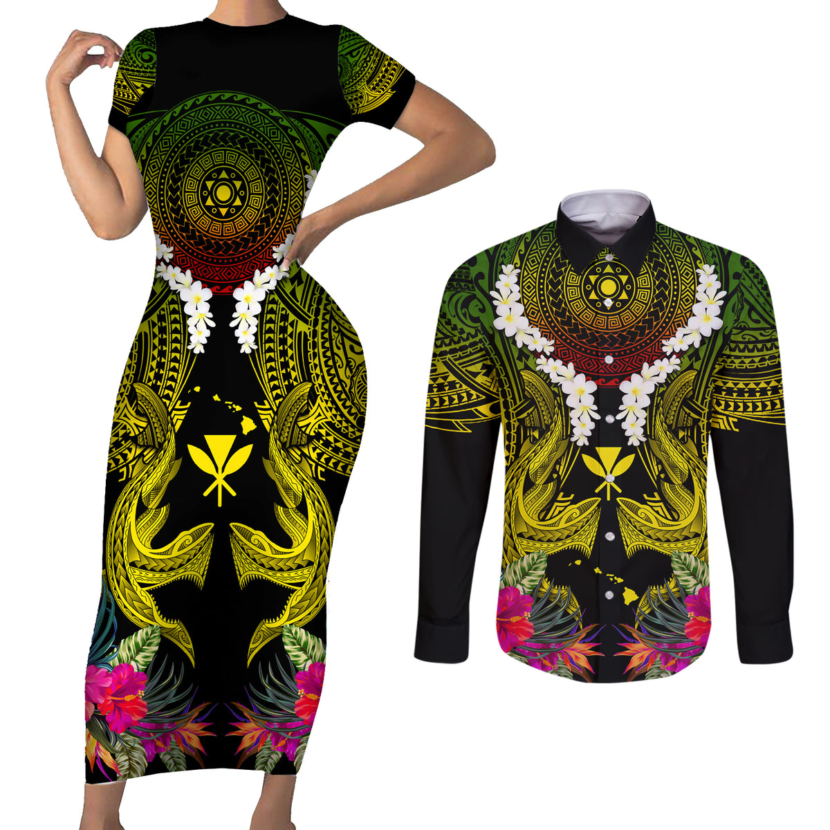 Hawaii Kanaka Maoli Couples Matching Short Sleeve Bodycon Dress and Long Sleeve Button Shirt Double Shark and Hibiscus Flowers LT03 Black - Polynesian Pride