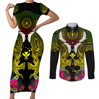 Hawaii Kanaka Maoli Couples Matching Short Sleeve Bodycon Dress and Long Sleeve Button Shirt Double Shark and Hibiscus Flowers LT03 Black - Polynesian Pride