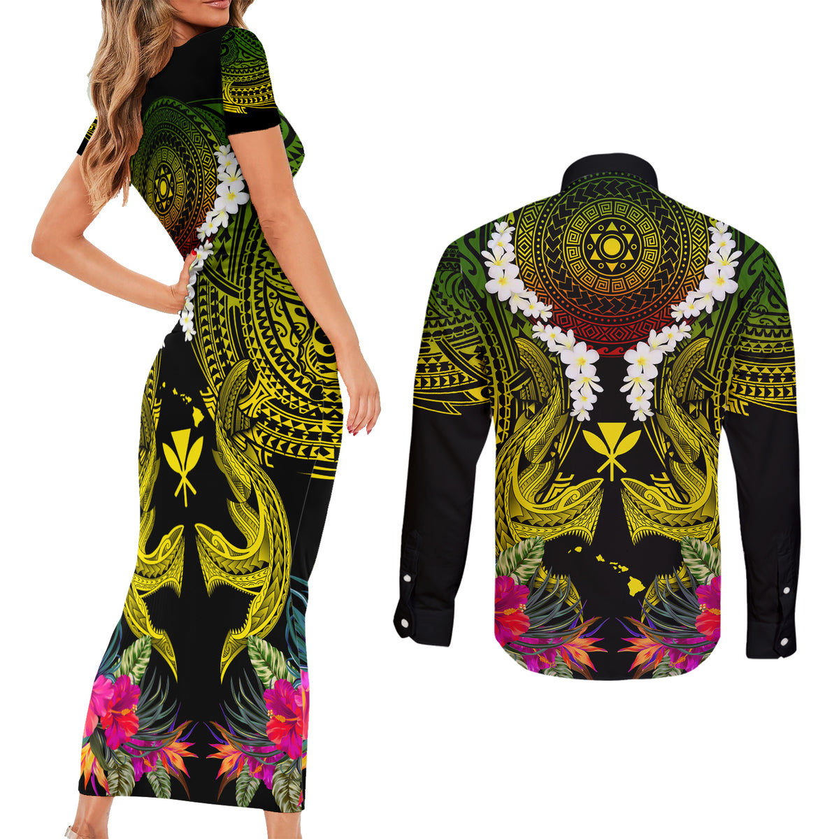 Hawaii Kanaka Maoli Couples Matching Short Sleeve Bodycon Dress and Long Sleeve Button Shirt Double Shark and Hibiscus Flowers LT03 - Polynesian Pride