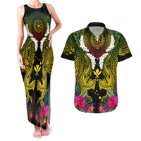 Hawaii Kanaka Maoli Couples Matching Tank Maxi Dress and Hawaiian Shirt Double Shark and Hibiscus Flowers LT03 Black - Polynesian Pride