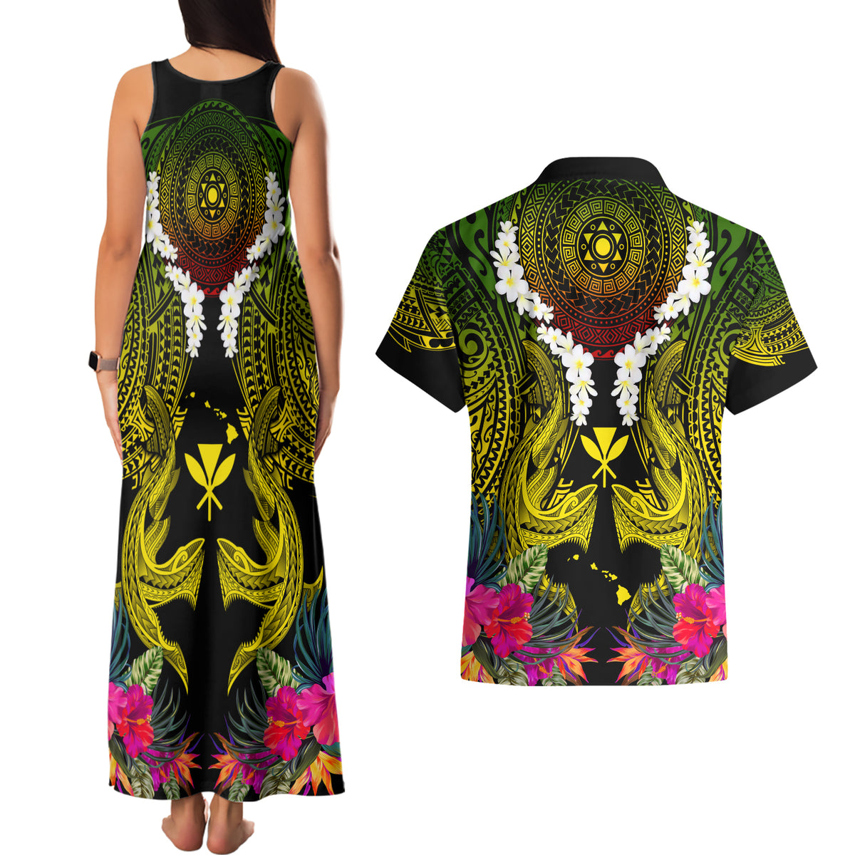 Hawaii Kanaka Maoli Couples Matching Tank Maxi Dress and Hawaiian Shirt Double Shark and Hibiscus Flowers LT03 - Polynesian Pride