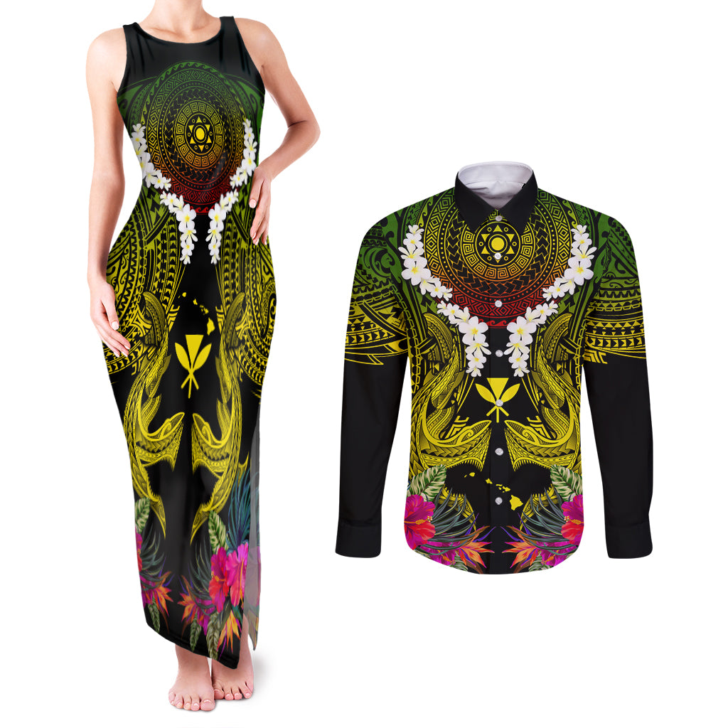 Hawaii Kanaka Maoli Couples Matching Tank Maxi Dress and Long Sleeve Button Shirt Double Shark and Hibiscus Flowers LT03 Black - Polynesian Pride