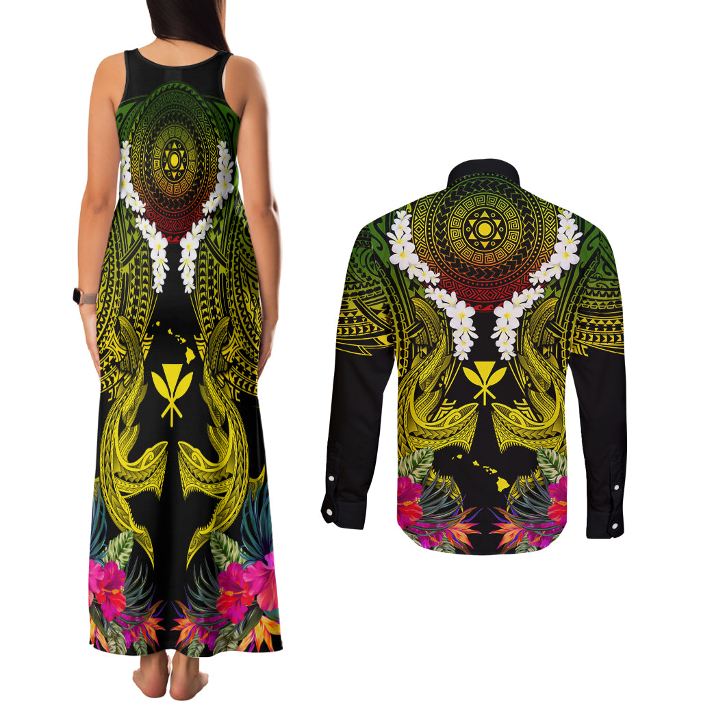 Hawaii Kanaka Maoli Couples Matching Tank Maxi Dress and Long Sleeve Button Shirt Double Shark and Hibiscus Flowers LT03 - Polynesian Pride