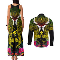 Hawaii Kanaka Maoli Couples Matching Tank Maxi Dress and Long Sleeve Button Shirt Double Shark and Hibiscus Flowers LT03 - Polynesian Pride