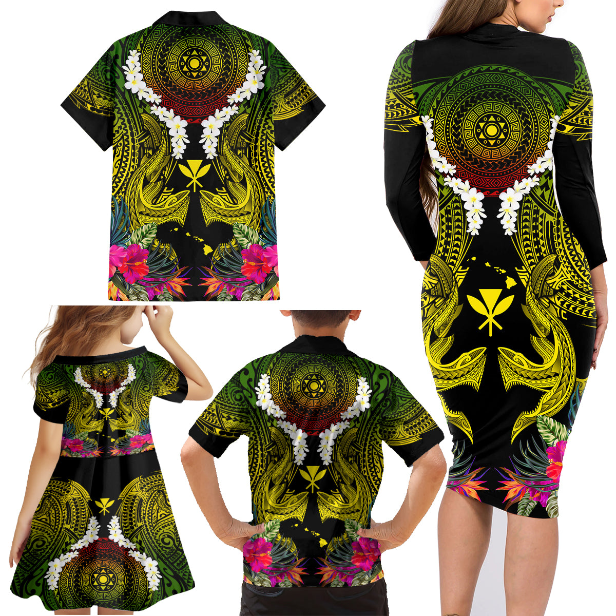 Hawaii Kanaka Maoli Family Matching Long Sleeve Bodycon Dress and Hawaiian Shirt Double Shark and Hibiscus Flowers LT03 - Polynesian Pride