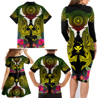 Hawaii Kanaka Maoli Family Matching Long Sleeve Bodycon Dress and Hawaiian Shirt Double Shark and Hibiscus Flowers LT03 - Polynesian Pride