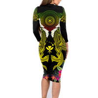 Hawaii Kanaka Maoli Family Matching Long Sleeve Bodycon Dress and Hawaiian Shirt Double Shark and Hibiscus Flowers LT03 - Polynesian Pride