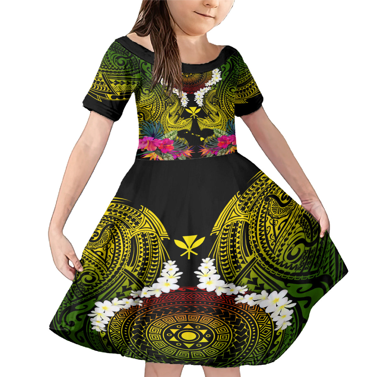 Hawaii Kanaka Maoli Family Matching Mermaid Dress and Hawaiian Shirt Double Shark and Hibiscus Flowers LT03 Daughter's Dress Black - Polynesian Pride