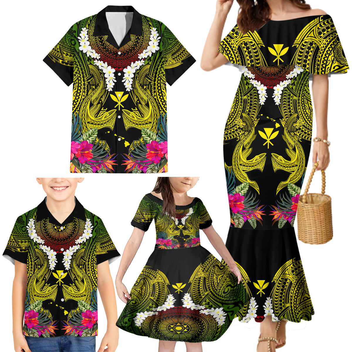 Hawaii Kanaka Maoli Family Matching Mermaid Dress and Hawaiian Shirt Double Shark and Hibiscus Flowers LT03 - Polynesian Pride