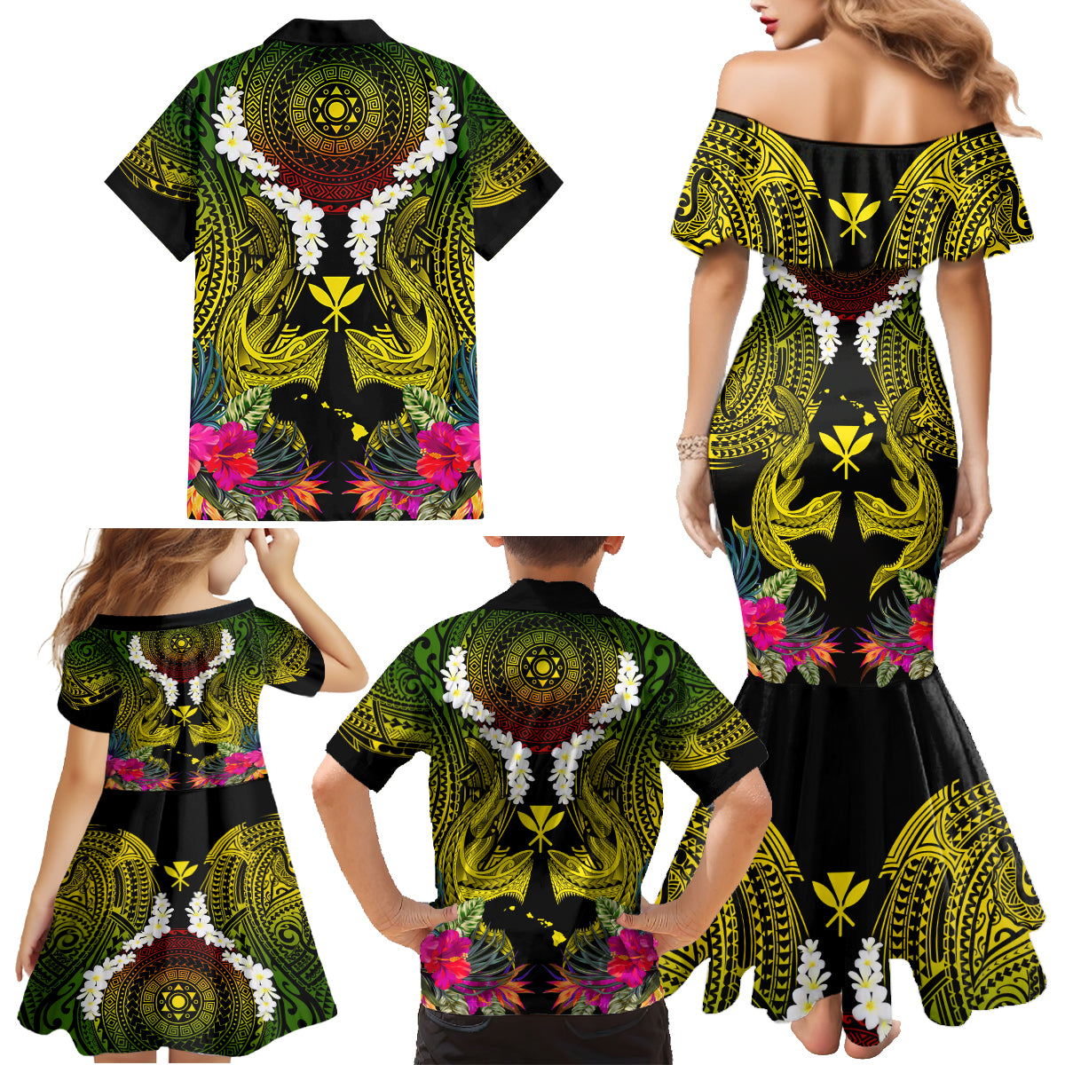 Hawaii Kanaka Maoli Family Matching Mermaid Dress and Hawaiian Shirt Double Shark and Hibiscus Flowers LT03 - Polynesian Pride