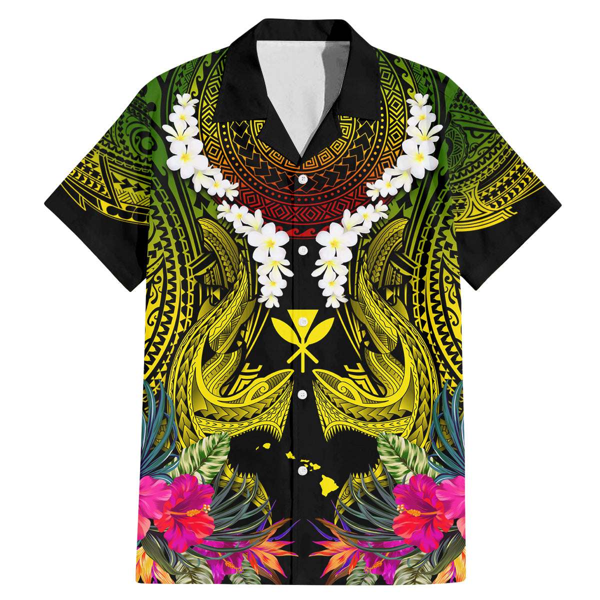 Hawaii Kanaka Maoli Family Matching Mermaid Dress and Hawaiian Shirt Double Shark and Hibiscus Flowers LT03 Dad's Shirt - Short Sleeve Black - Polynesian Pride