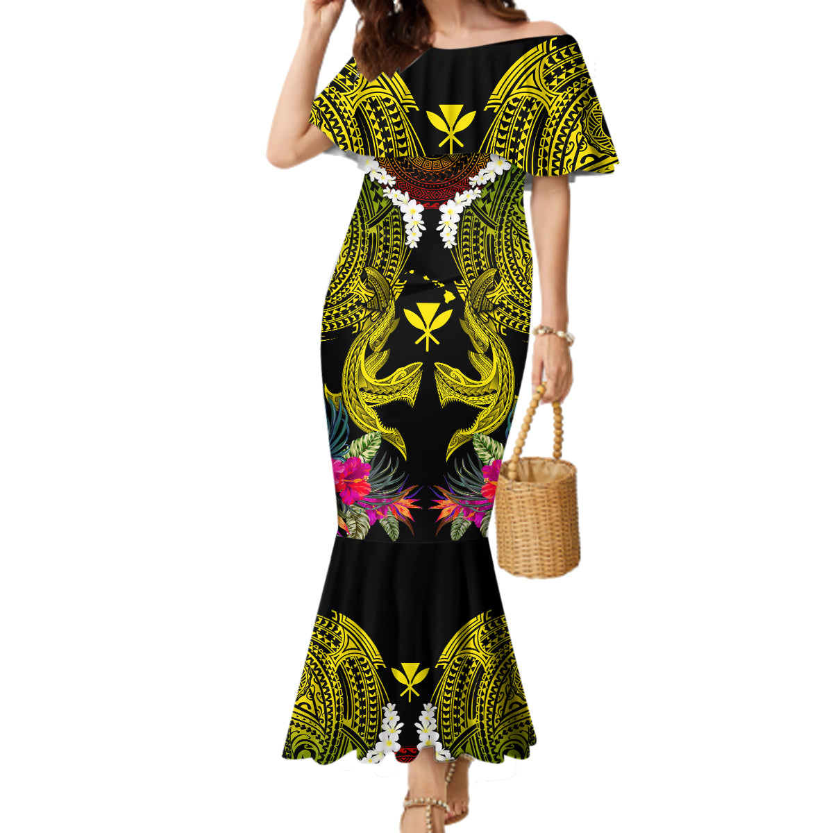 Hawaii Kanaka Maoli Family Matching Mermaid Dress and Hawaiian Shirt Double Shark and Hibiscus Flowers LT03 Mom's Dress Black - Polynesian Pride