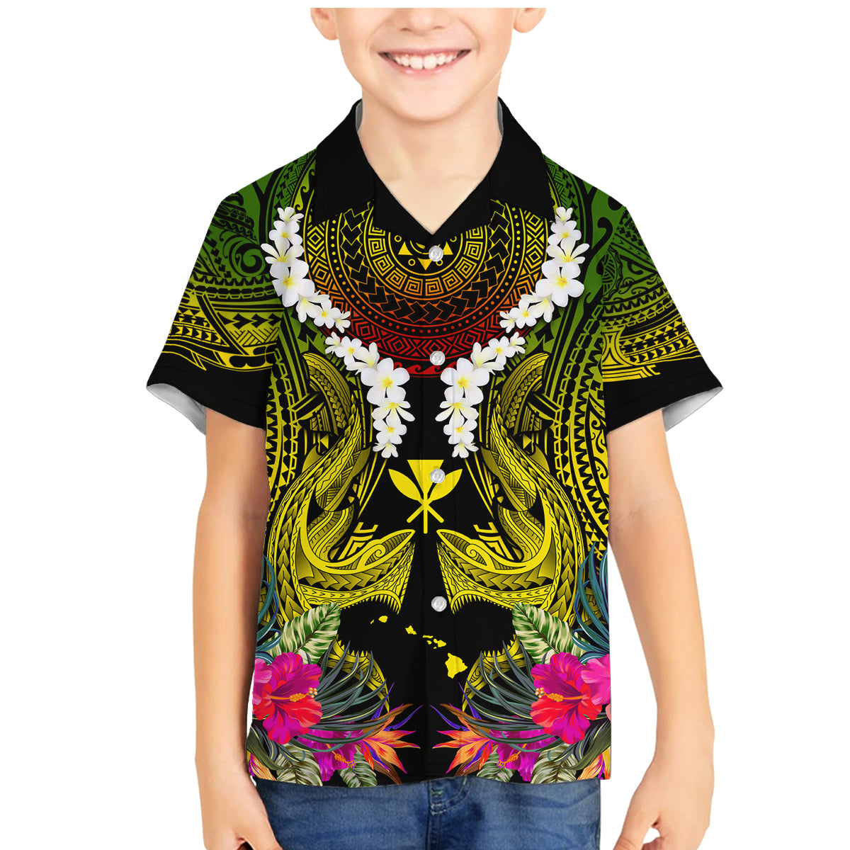Hawaii Kanaka Maoli Family Matching Mermaid Dress and Hawaiian Shirt Double Shark and Hibiscus Flowers LT03 Son's Shirt Black - Polynesian Pride