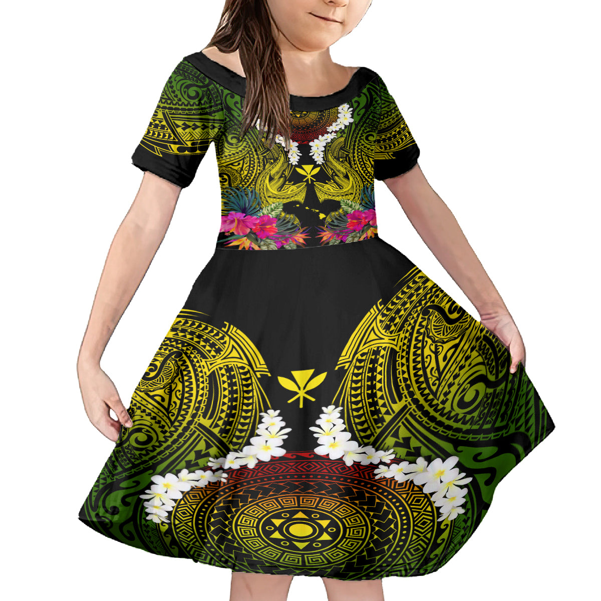 Hawaii Kanaka Maoli Family Matching Off The Shoulder Long Sleeve Dress and Hawaiian Shirt Double Shark and Hibiscus Flowers LT03 Daughter's Dress Black - Polynesian Pride