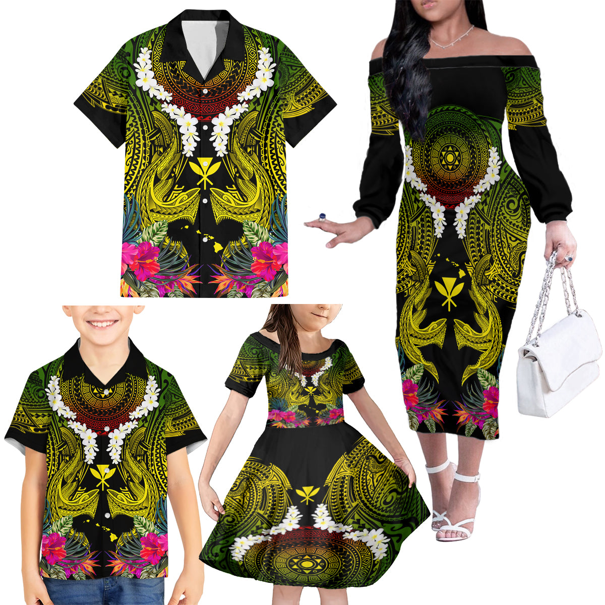 Hawaii Kanaka Maoli Family Matching Off The Shoulder Long Sleeve Dress and Hawaiian Shirt Double Shark and Hibiscus Flowers LT03 - Polynesian Pride