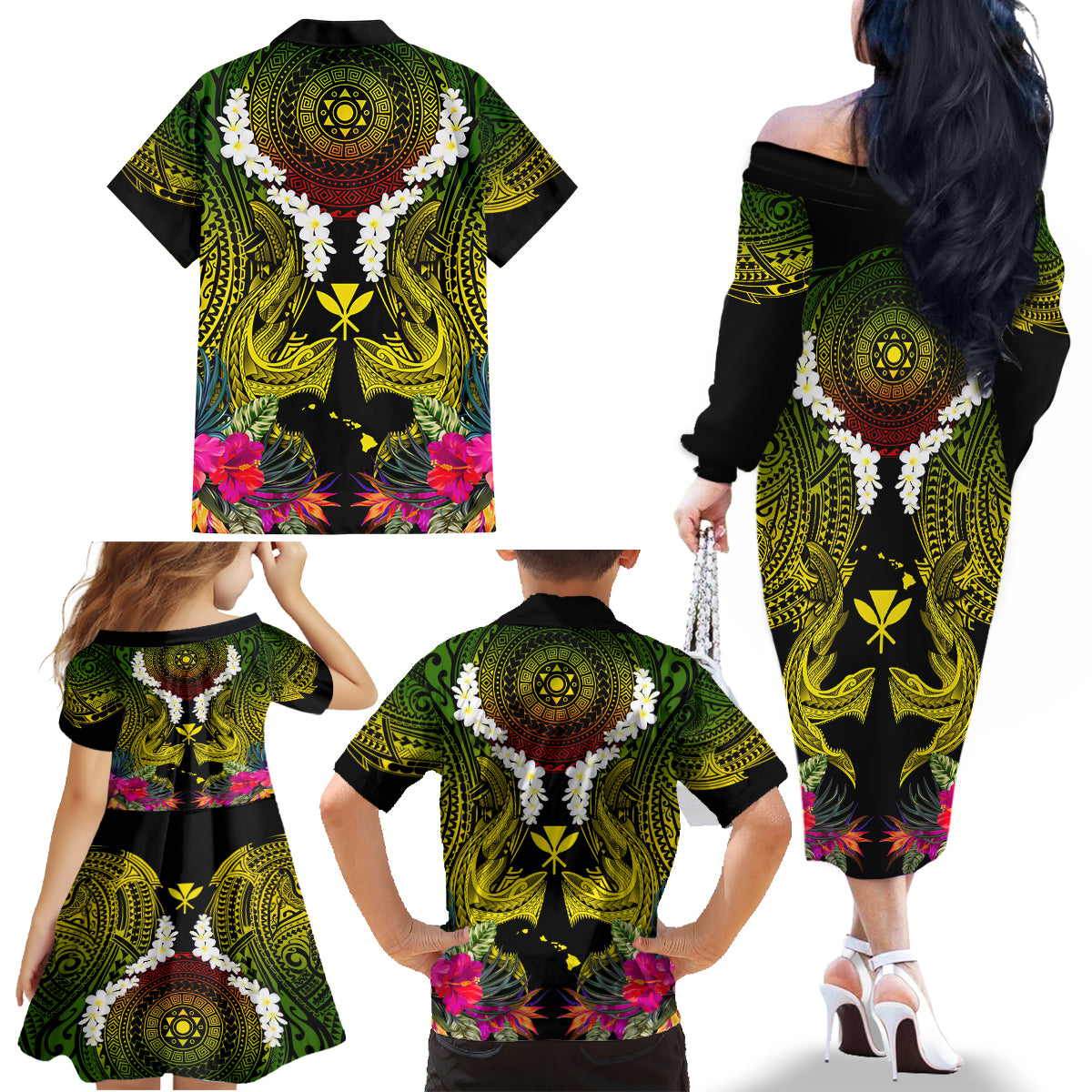Hawaii Kanaka Maoli Family Matching Off The Shoulder Long Sleeve Dress and Hawaiian Shirt Double Shark and Hibiscus Flowers LT03 - Polynesian Pride