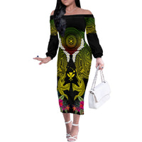 Hawaii Kanaka Maoli Family Matching Off The Shoulder Long Sleeve Dress and Hawaiian Shirt Double Shark and Hibiscus Flowers LT03 Mom's Dress Black - Polynesian Pride