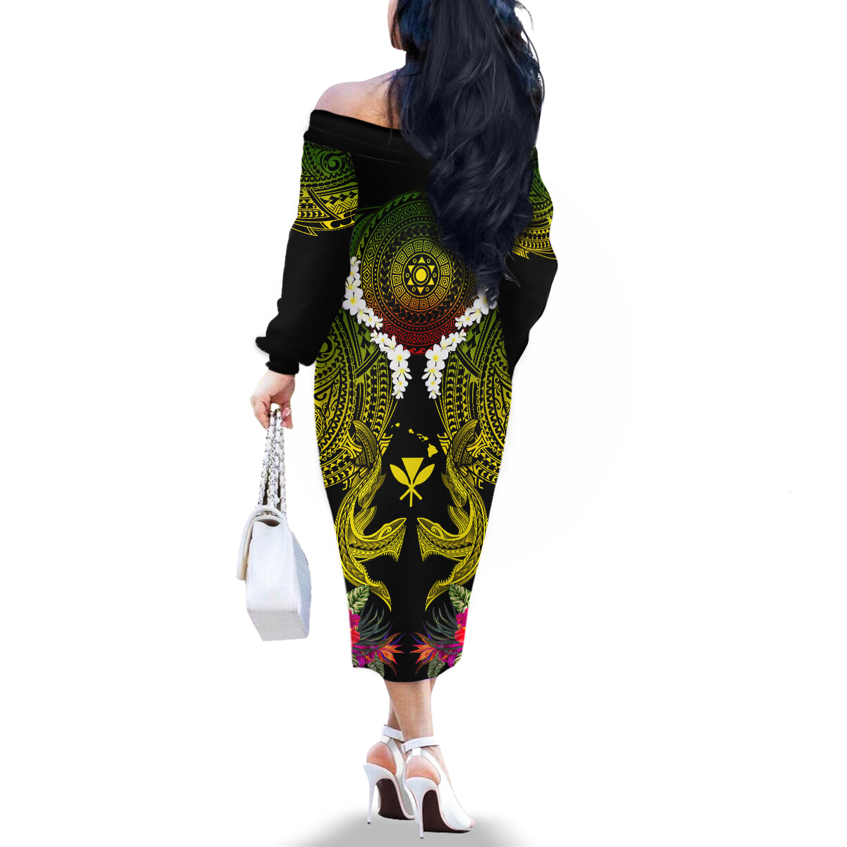 Hawaii Kanaka Maoli Family Matching Off The Shoulder Long Sleeve Dress and Hawaiian Shirt Double Shark and Hibiscus Flowers LT03 - Polynesian Pride