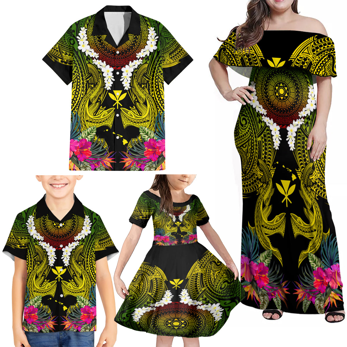 Hawaii Kanaka Maoli Family Matching Off Shoulder Maxi Dress and Hawaiian Shirt Double Shark and Hibiscus Flowers LT03 - Polynesian Pride