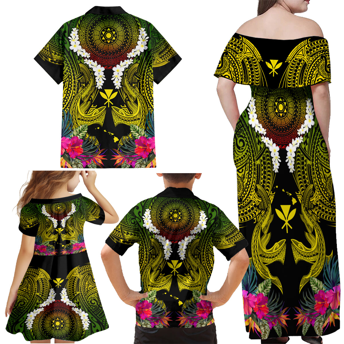 Hawaii Kanaka Maoli Family Matching Off Shoulder Maxi Dress and Hawaiian Shirt Double Shark and Hibiscus Flowers LT03 - Polynesian Pride