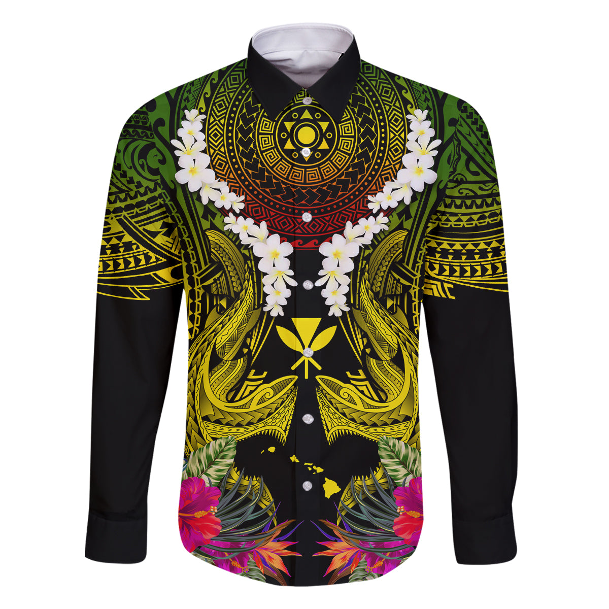 Hawaii Kanaka Maoli Family Matching Off Shoulder Maxi Dress and Hawaiian Shirt Double Shark and Hibiscus Flowers LT03 Dad's Shirt - Long Sleeve Black - Polynesian Pride