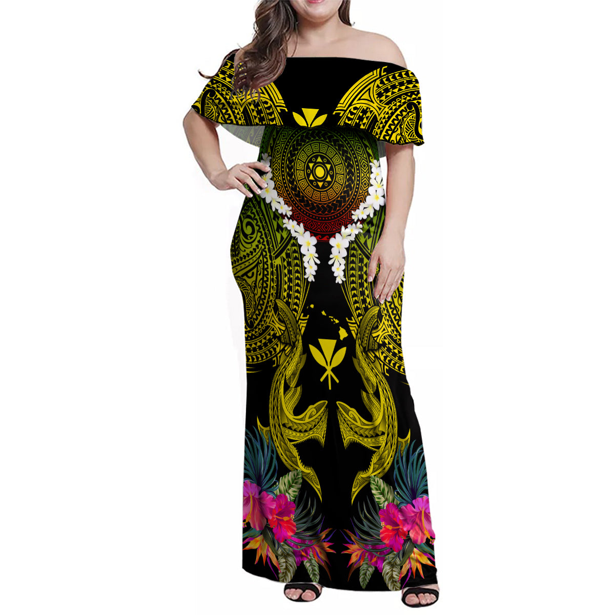 Hawaii Kanaka Maoli Family Matching Off Shoulder Maxi Dress and Hawaiian Shirt Double Shark and Hibiscus Flowers LT03 Mom's Dress Black - Polynesian Pride