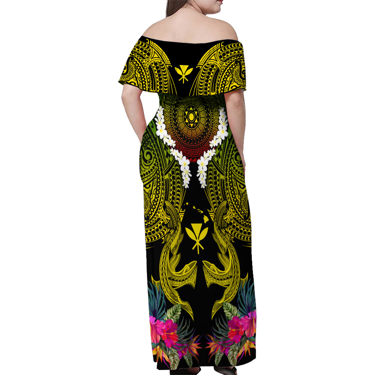 Hawaii Kanaka Maoli Family Matching Off Shoulder Maxi Dress and Hawaiian Shirt Double Shark and Hibiscus Flowers LT03 - Polynesian Pride