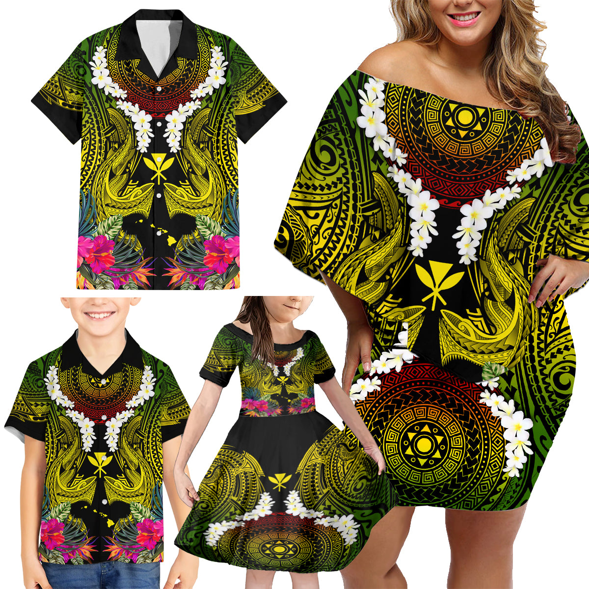 Hawaii Kanaka Maoli Family Matching Off Shoulder Short Dress and Hawaiian Shirt Double Shark and Hibiscus Flowers LT03 - Polynesian Pride