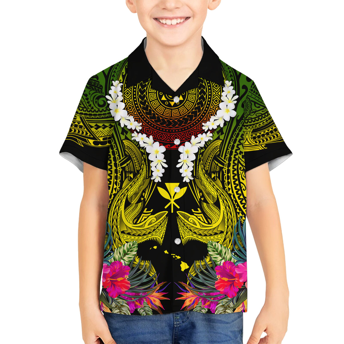 Hawaii Kanaka Maoli Family Matching Off Shoulder Short Dress and Hawaiian Shirt Double Shark and Hibiscus Flowers LT03 Son's Shirt Black - Polynesian Pride