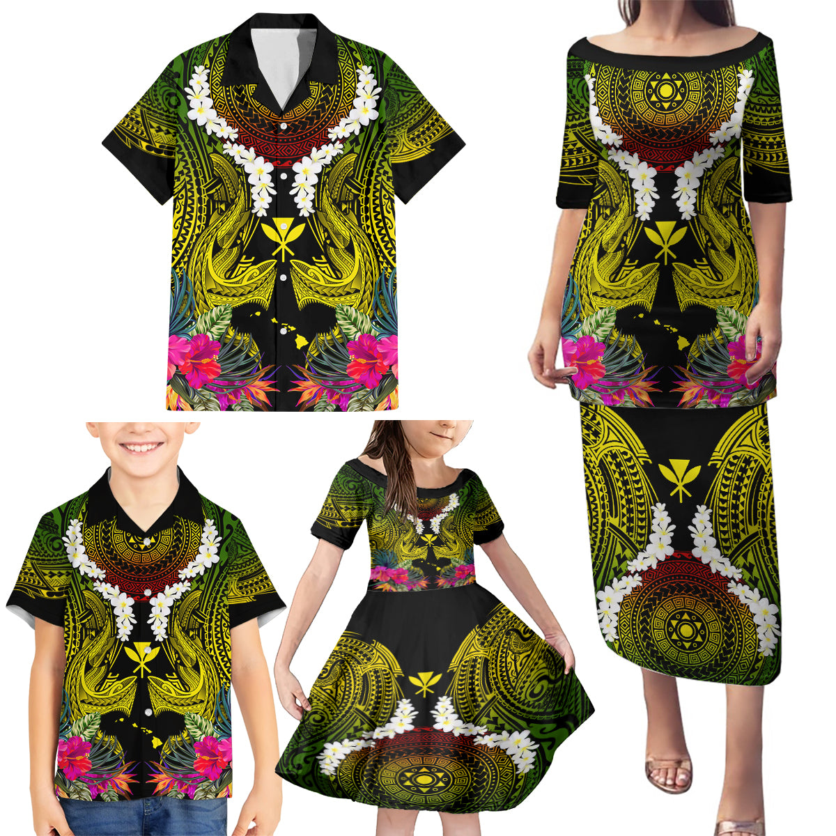 Hawaii Kanaka Maoli Family Matching Puletasi and Hawaiian Shirt Double Shark and Hibiscus Flowers LT03 - Polynesian Pride