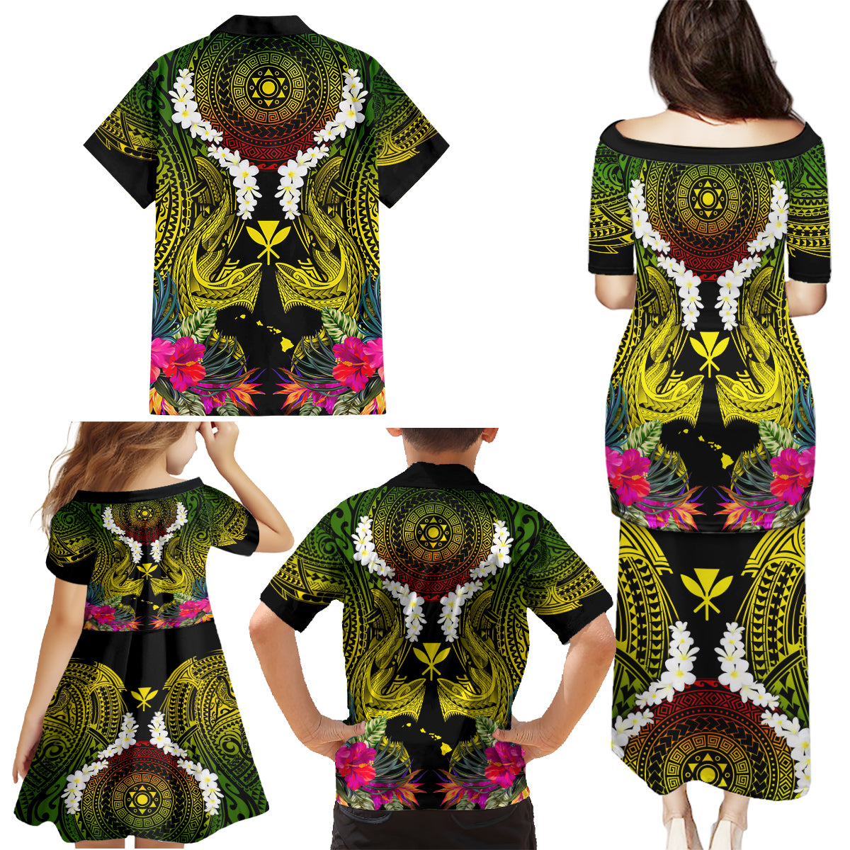Hawaii Kanaka Maoli Family Matching Puletasi and Hawaiian Shirt Double Shark and Hibiscus Flowers LT03 - Polynesian Pride