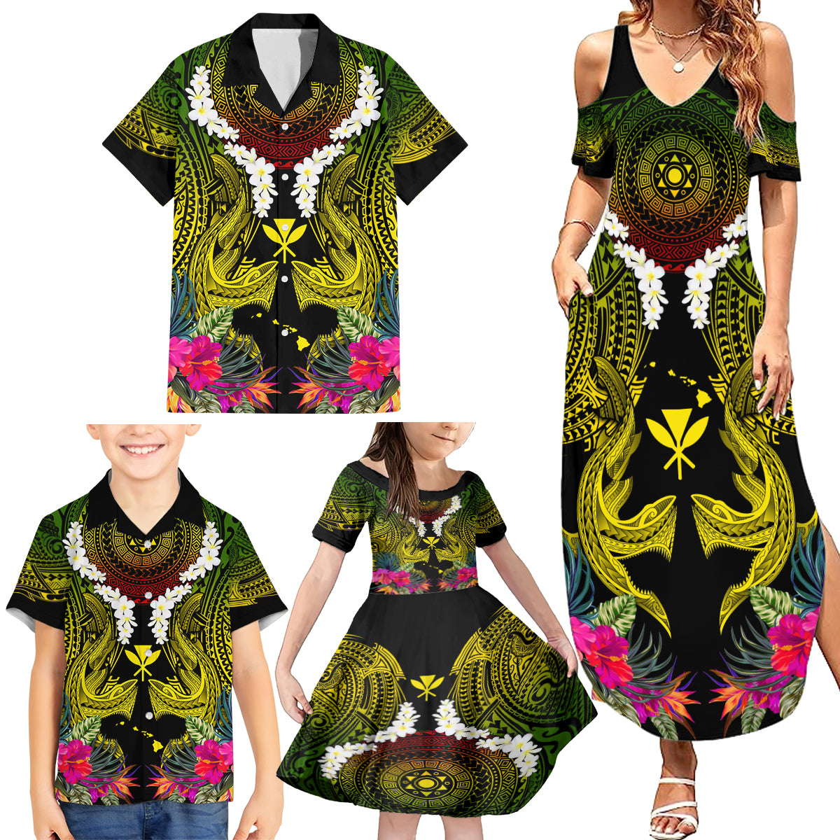 Hawaii Kanaka Maoli Family Matching Summer Maxi Dress and Hawaiian Shirt Double Shark and Hibiscus Flowers LT03 - Polynesian Pride
