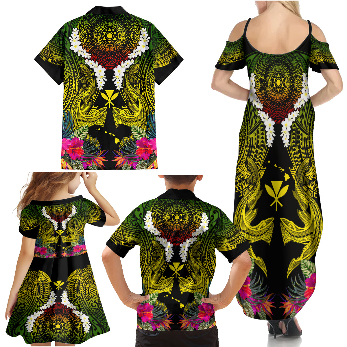 Hawaii Kanaka Maoli Family Matching Summer Maxi Dress and Hawaiian Shirt Double Shark and Hibiscus Flowers LT03 - Polynesian Pride