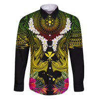 Hawaii Kanaka Maoli Family Matching Summer Maxi Dress and Hawaiian Shirt Double Shark and Hibiscus Flowers LT03 Dad's Shirt - Long Sleeve Black - Polynesian Pride
