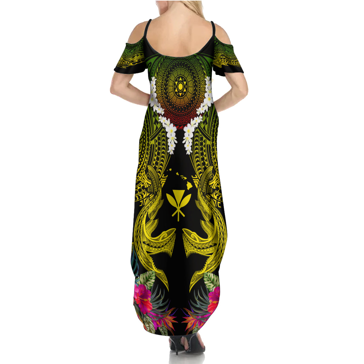 Hawaii Kanaka Maoli Family Matching Summer Maxi Dress and Hawaiian Shirt Double Shark and Hibiscus Flowers LT03 - Polynesian Pride