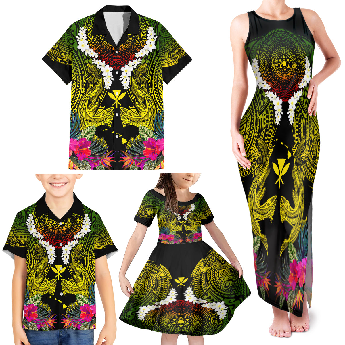 Hawaii Kanaka Maoli Family Matching Tank Maxi Dress and Hawaiian Shirt Double Shark and Hibiscus Flowers LT03 - Polynesian Pride