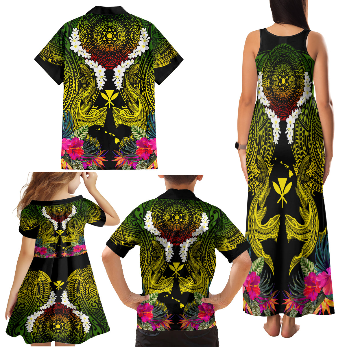 Hawaii Kanaka Maoli Family Matching Tank Maxi Dress and Hawaiian Shirt Double Shark and Hibiscus Flowers LT03 - Polynesian Pride