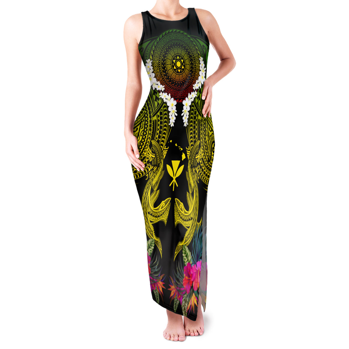 Hawaii Kanaka Maoli Family Matching Tank Maxi Dress and Hawaiian Shirt Double Shark and Hibiscus Flowers LT03 Mom's Dress Black - Polynesian Pride