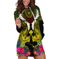 Hawaii Kanaka Maoli Hoodie Dress Double Shark and Hibiscus Flowers LT03 Black - Polynesian Pride